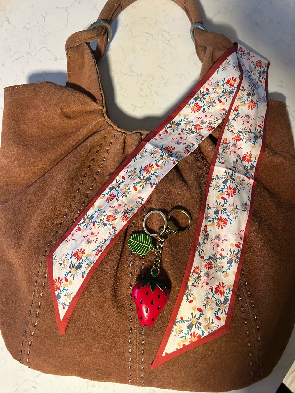 Free People Skadi Suede Scrunch
Tote Hobo Shoulder Bag-Strawberry Charm & Scarf - Picture 2 of 16